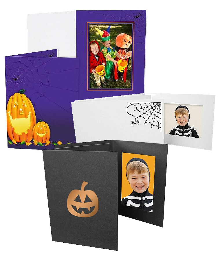 Halloween-themed paper photo folders with pumpkins and spooky motifs